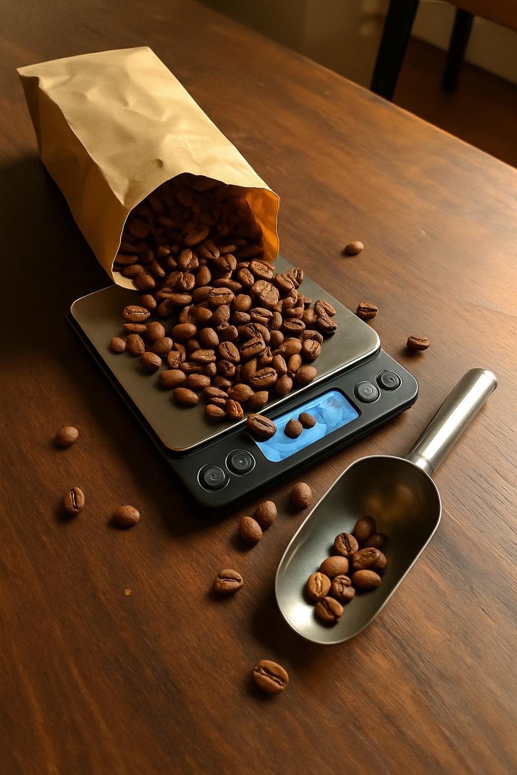 Coffee beans spilling from an open paper bag onto a digital kitchen scale, with a metal scoop resting alongside