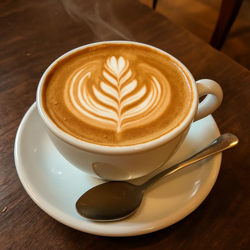 A cappuccino with leaf latte art on a saucer, seen close up with steam rising