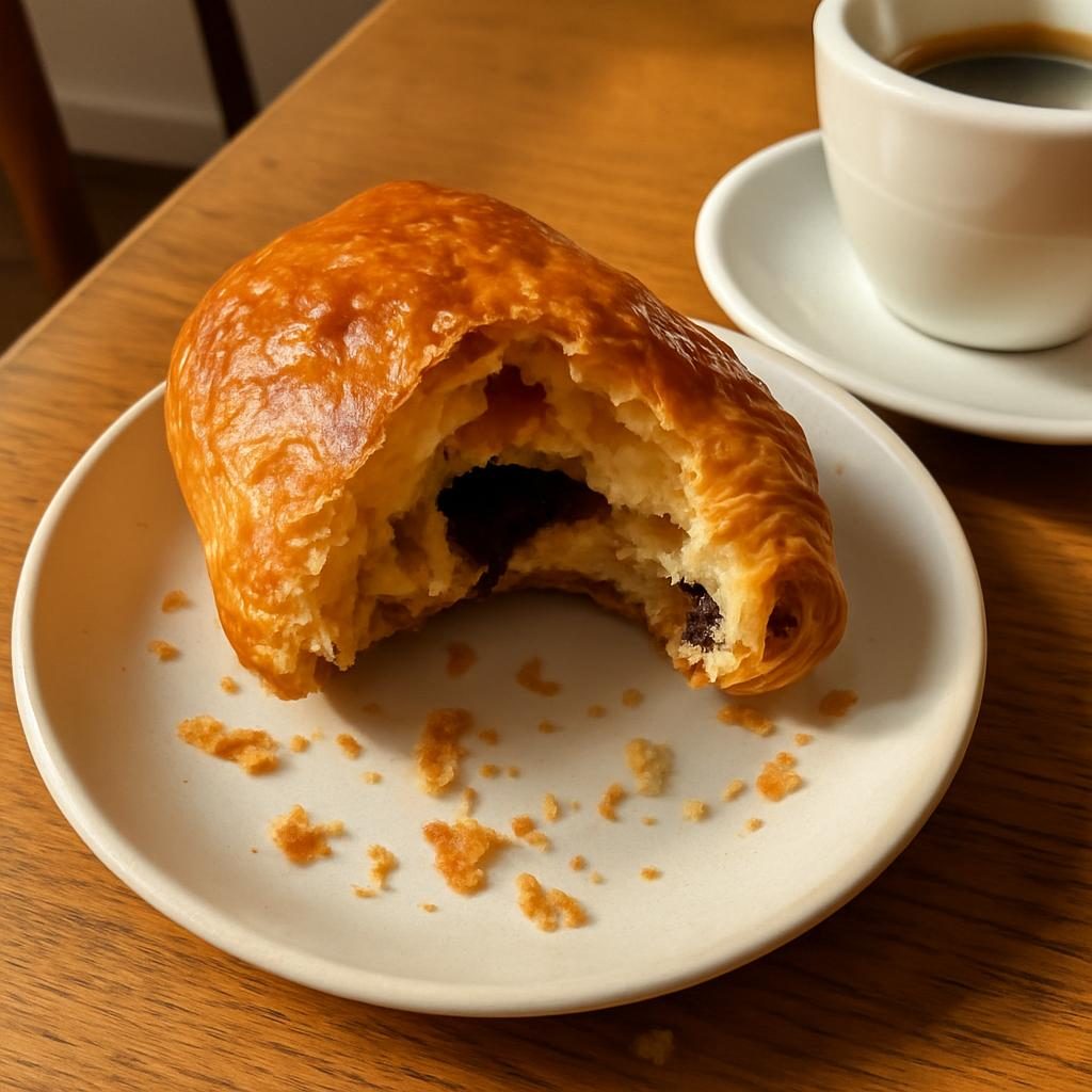 A pain au chocolat broken open on a small plate, crumbs scattered around, an espresso cup at the edge of the frame