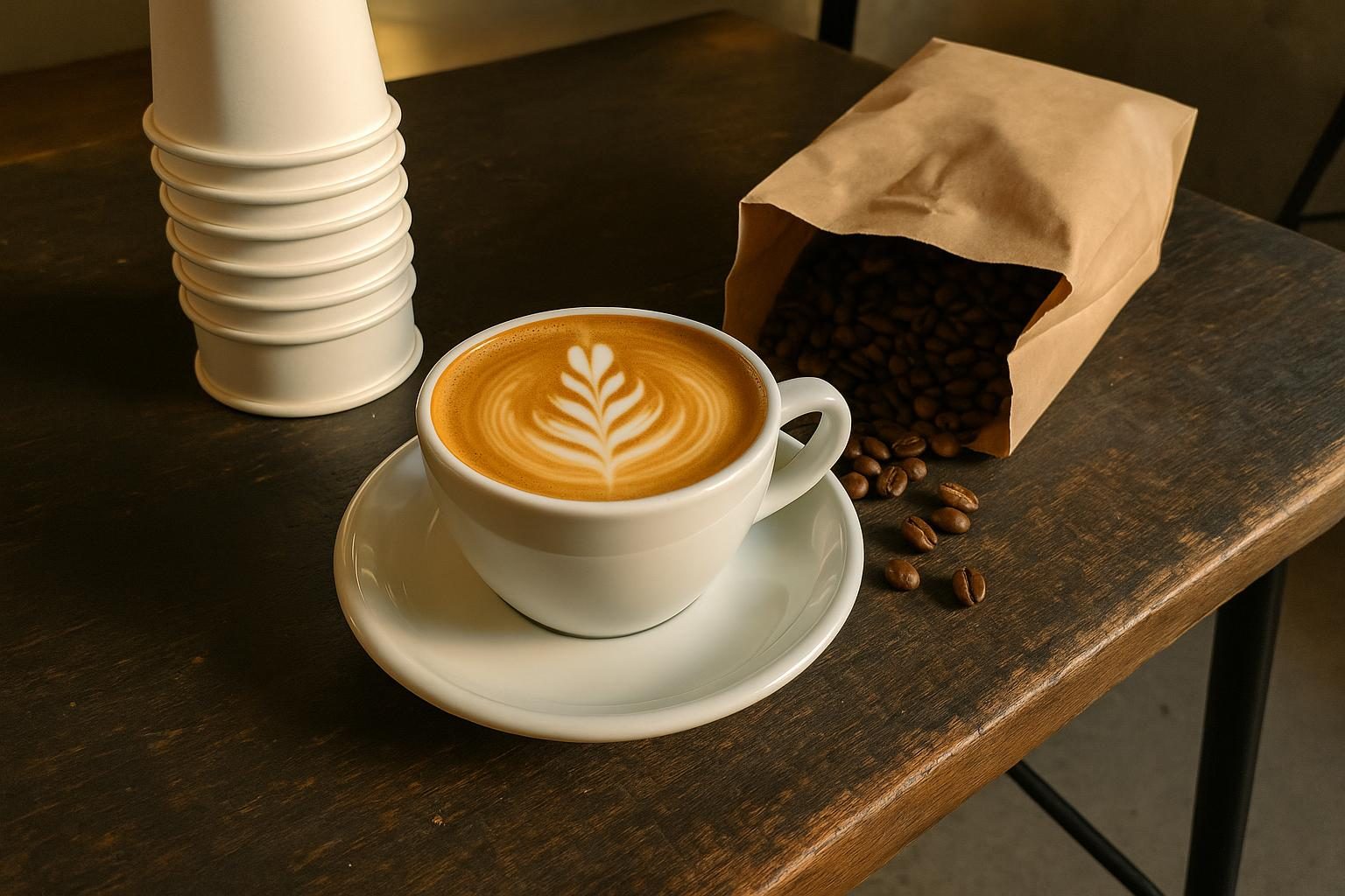 A flat white with a leaf of latte art on a wooden counter, beside a stack of takeaway cups and an open bag of coffee beans