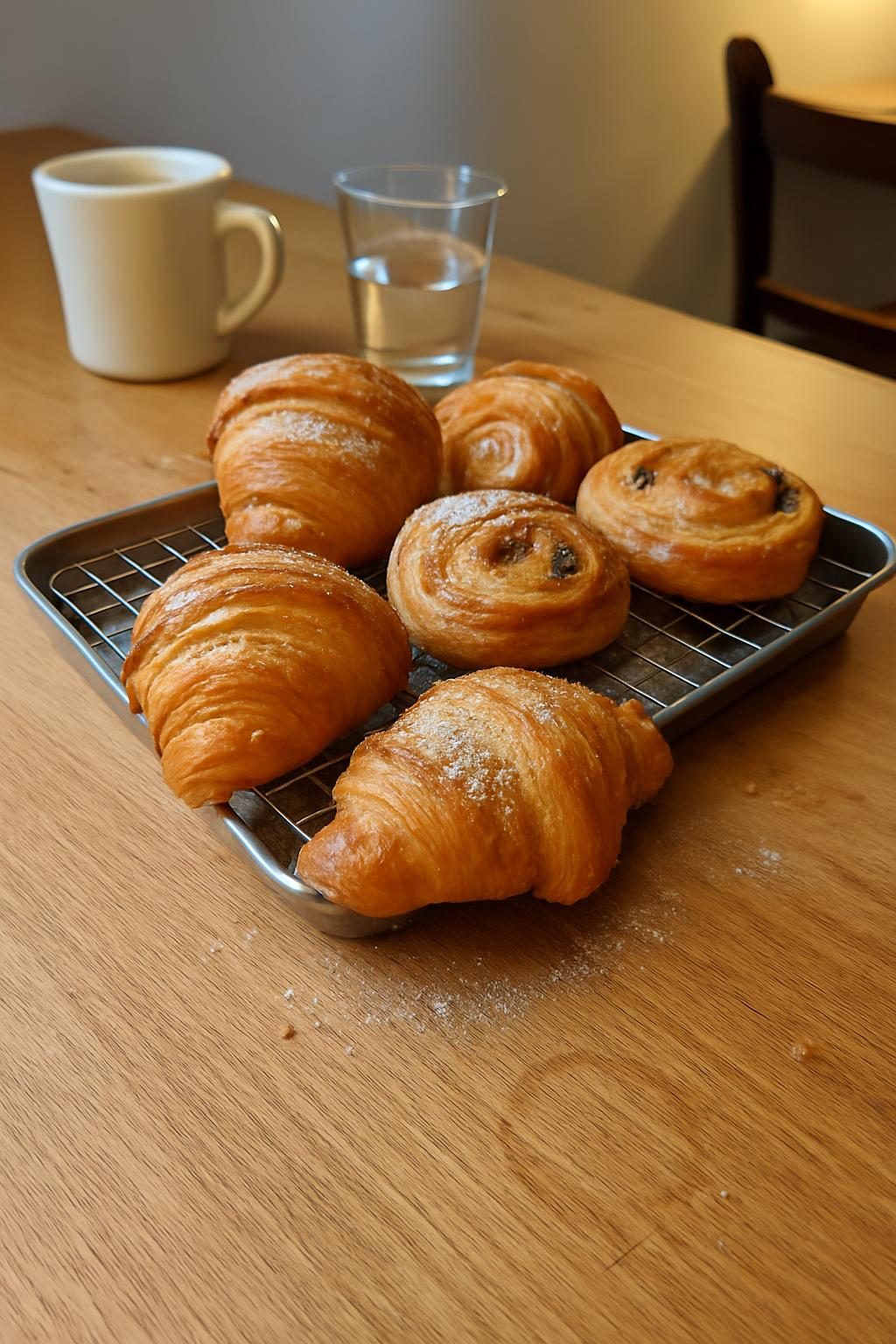 A small tray of croissants and pastries cooling on a wire rack, with a mug of coffee and a glass of water alongside